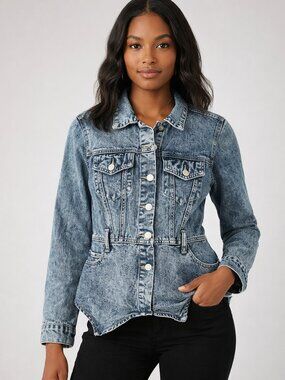 Savanna Jane Acid Wash Denim Jacket Handkerchief Hem Peplum Boho Top Sz M